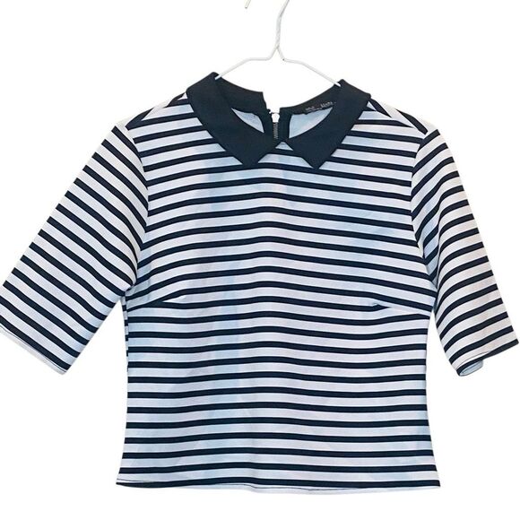 Zara Striped Half Sleeve Peter Pan Collar Boxy Top Black & White Large - Picture 2 of 5
